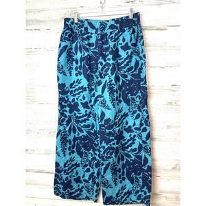 Soft Surroundings Womens M Navy Teal Tropical Linen Wide Leg Crop Pants Casual